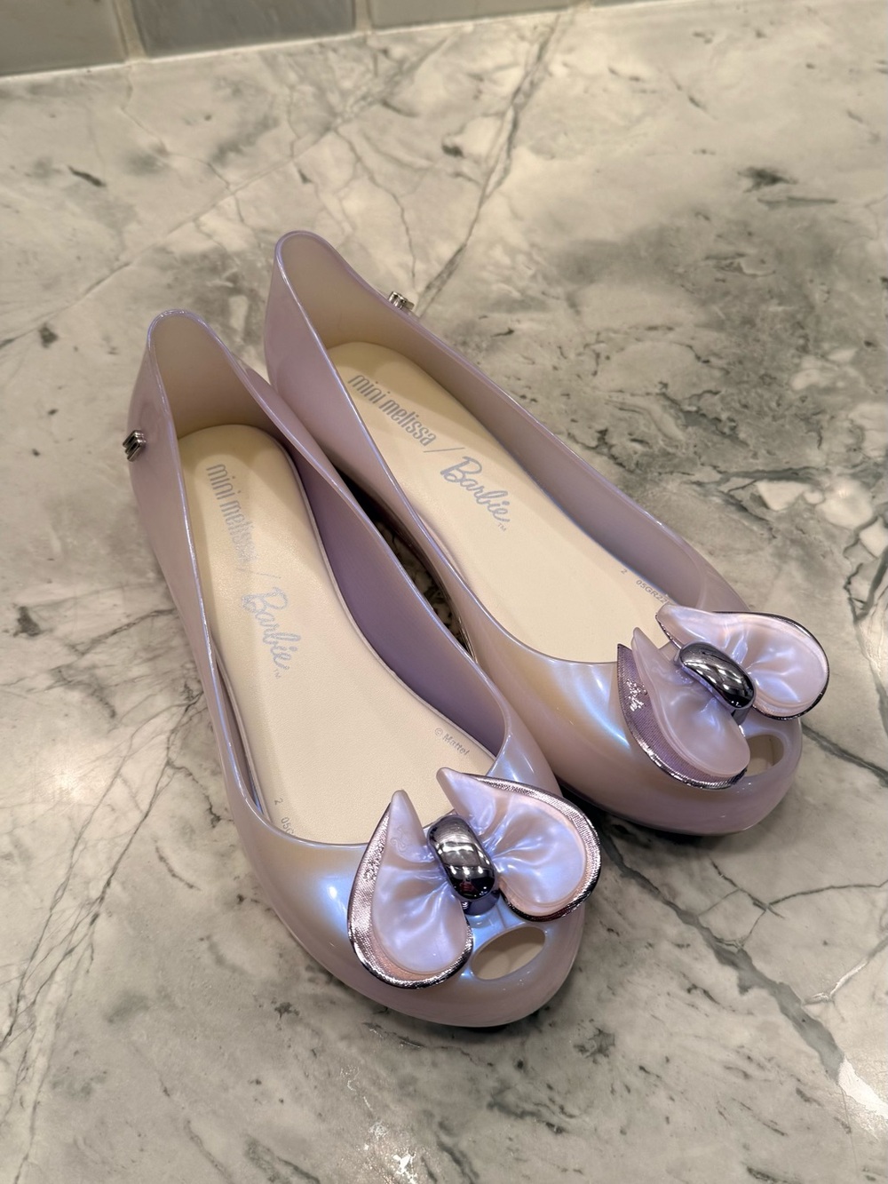 Mini Melissa Barbie Ultragirl Iridescent Pale Lavender Jelly Flats with Bow